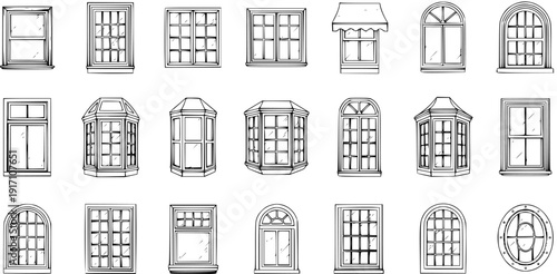 Detailed collection of hand-drawn window types and styles, showcasing various architectural designs from classic arched to modern bay windows, in a vintage sketch art illustration.