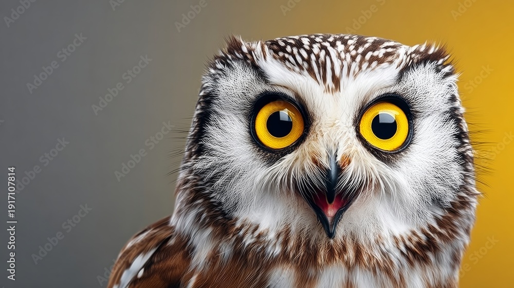 Obraz premium A brown owl with yellow eyes is staring at the camera. The owl's eyes are wide open, and it has a mouth open as if it's saying something. The owl's expression is intense and curious