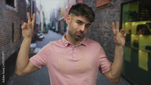 Fotografie Hispanic man making air quotes gesture with fingers on narrow brick urban street in city; skepticism