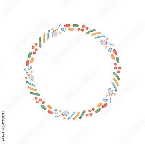 Colorful minimal round frame with seamless border and sport equipment. Circle ornament features gym items like dumbbells and badminton rackets. Vibrant pattern ideal for workout banners or fitness