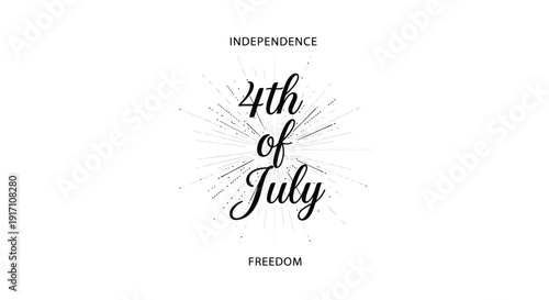Patriotic typography with '4th of July' text and fireworks design elements, isolated on transparent background.