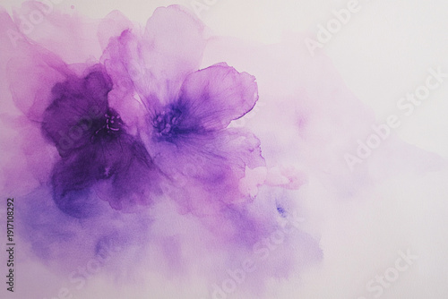 Abstract watercolor spring background with pastel purple flowers. Light brushstroke textures, dreamy and artistic composition, fresh and elegant vibe. Ink watercolor style.