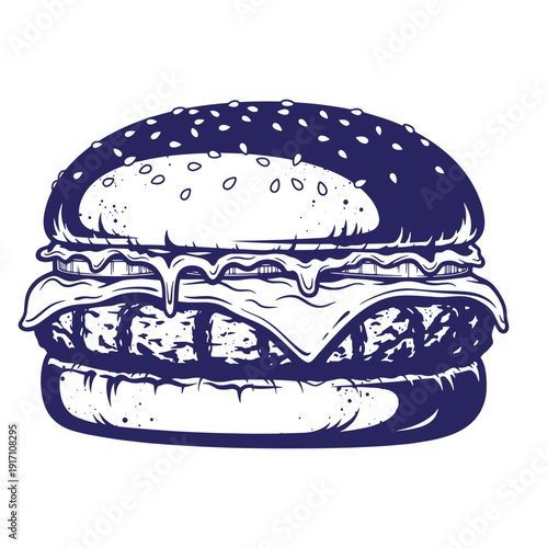 Grunge texture A blue and white illustration of a hamburger with melted cheese and sesame seed bun on white background Vintage Style