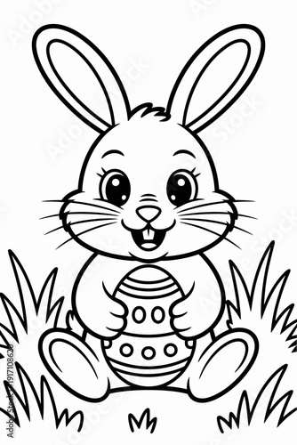 A cheerful cartoon rabbit is sitting happily holding an Easter egg.