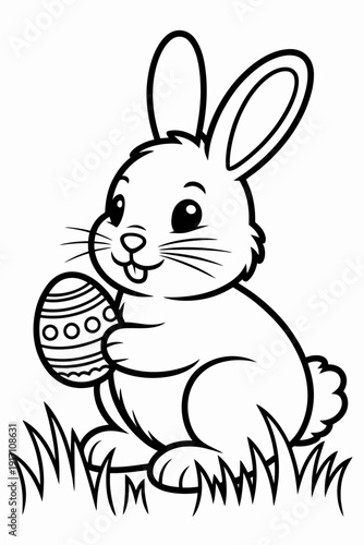 A cheerful  rabbit is sitting happily holding an Easter egg.