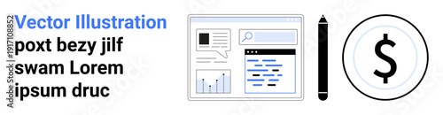 Financial budgeting, data analytics, online platforms, economic growth, market analysis, communication strategies. Graphs, charts currency symbol and a pencil icon. Financial budgeting and data