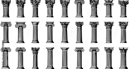 Vintage Engraved Classical Columns Collection. Black and white architectural illustrations featuring various ancient Greek and Roman orders like Doric, Ionic, Corinthian, and Composite.