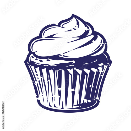 Grunge texture cupcake with frosting in a paper wrapper on white background Vintage Style