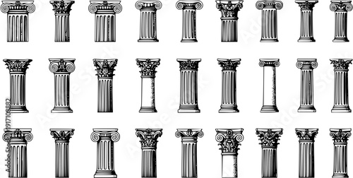 Set of various classical ancient Greek and Roman architectural columns and pillars showing different styles and orders, hand-drawn vector illustration.