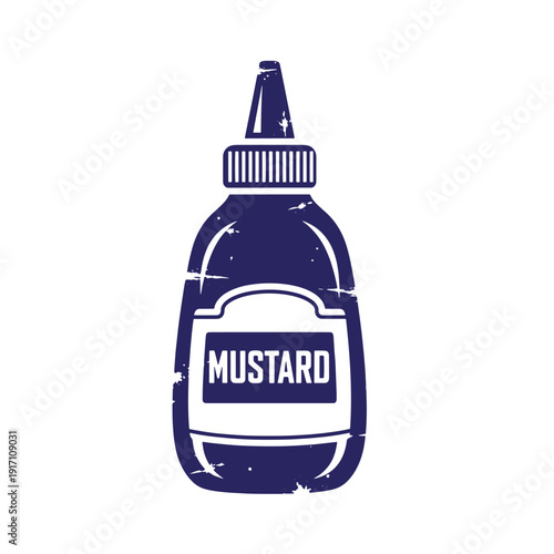 Grunge texture Dark blue vintagestyle illustration of a plastic mustard bottle with a screw on cap  a popular condiment for hot dogs and sandwiches Vintage Style