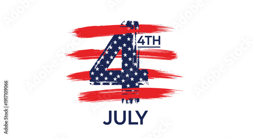 Patriotic 4th of July vector graphic element, American flag themed brush stroke design with stars and text.
