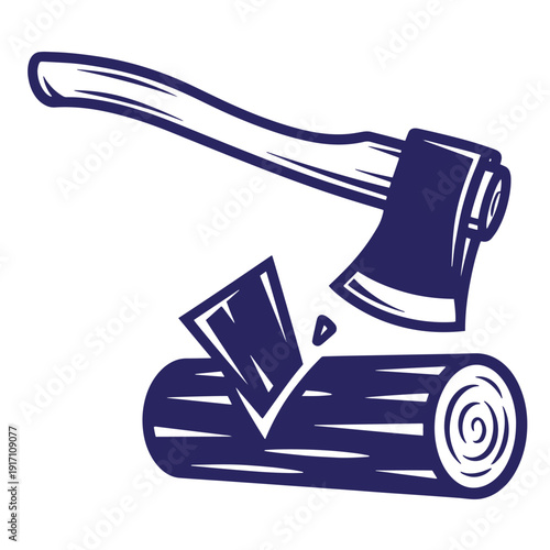 a blue illustration of an axe on a log with a piece of wood splitting off