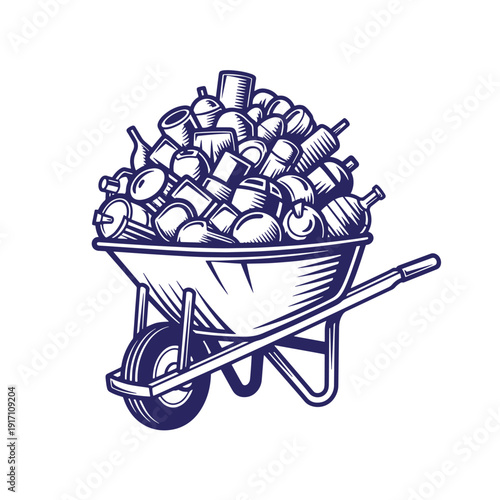 A wheelbarrow overflowing with recyclable plastic bottles and cans for ecofriendly waste management and recycling purposes one