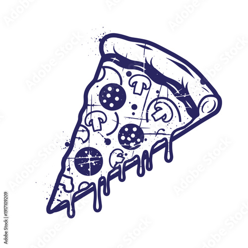 Grunge texture Delicious slice of pizza with toppings and melted cheese on a plain surface Vintage Style