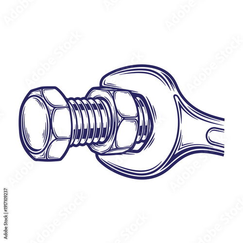 adjustable wrench gripping a bolt with a nut on a white surface for tightening or loosening