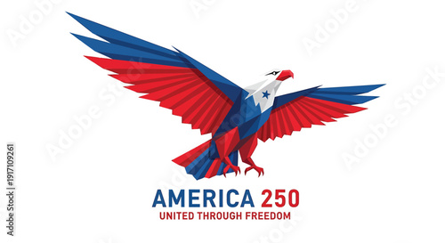 Patriotic eagle icon with America 250 text, United Through Freedom slogan, red, white and blue colors. American symbolism, freedom concept. Created in vector style with bold lines.