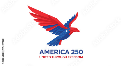 Patriotic eagle logo, America 250 vector emblem. United through freedom symbol. American pride icon in red, white, and blue colors.