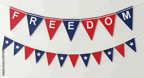 Patriotic bunting banner with freedom flags, red, white, and blue triangular pennants with stars, isolated on white background.