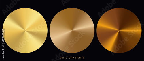 Set of 3 gold radial gradient backgrounds in different golden tones, from soft champagne to rich warm gold. Glossy circular light transitions, smooth foil texture, metallic shine. Luxury backdrops