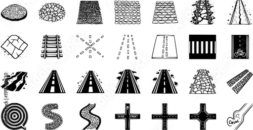 Hand-Drawn Black  White Road  Path Icons Set. Sketchy Map Elements Featuring Pavement, Gravel, Railroad, Crosswalk, Intersections, Terrain Textures  More.
