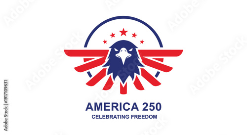 Patriotic American eagle logo, America 250 celebrating freedom emblem. Vector illustration of eagle with wings and stars. Symbol for American independence and patriotism.