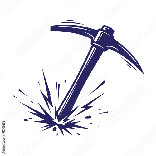 Blue pickaxe striking ground with sparks flying around mining tool