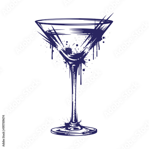 Grunge texture Grungy martini glass with splashes and drips on white background Vintage Style