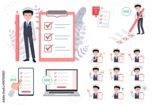 チェックマークをつける運転手男性のセット