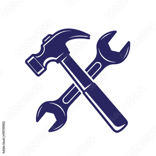 Crossed hammer and adjustable wrench on white background for repair and construction concepts