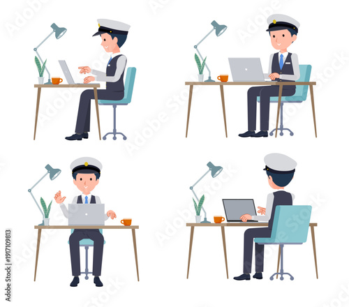 PCでデスクワークをしている運転手男性のセット