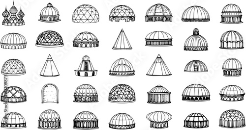 Set of Hand Drawn Architectural Domes and Cupolas, Featuring Various Styles from Geodesic to Classical and Conical Structures, Isolated on White Background