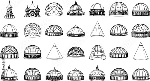 Collection of Diverse Architectural Domes and Cupolas Illustrated in Sketch Style