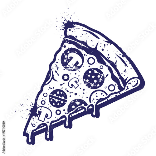 Grunge texture Illustration of a slice of pizza with melted cheese and toppings in a grunge style on white background  a delicious food concept Vintage Style