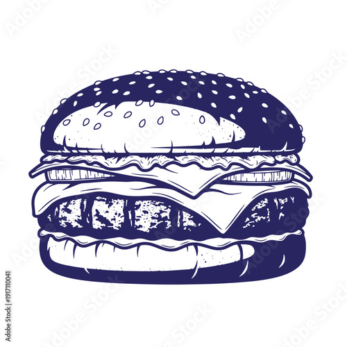 Grunge texture Illustration of a hamburger with sesame seed bun and layers of meat cheese lettuce and tomato Vintage Style