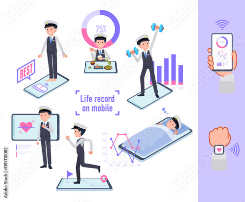 スマートフォンで行動と健康を管理している運転手男性のセット