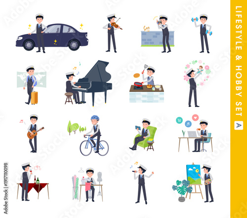趣味とライフスタイルに関する運転手男性のセット。Aタイプ