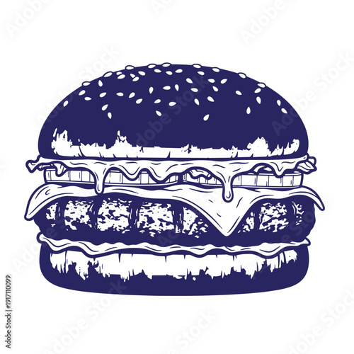 Grunge texture Large hamburger with melted cheese and sesame seed bun on white background Vintage Style