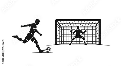 Soccer player kicks ball at goal.