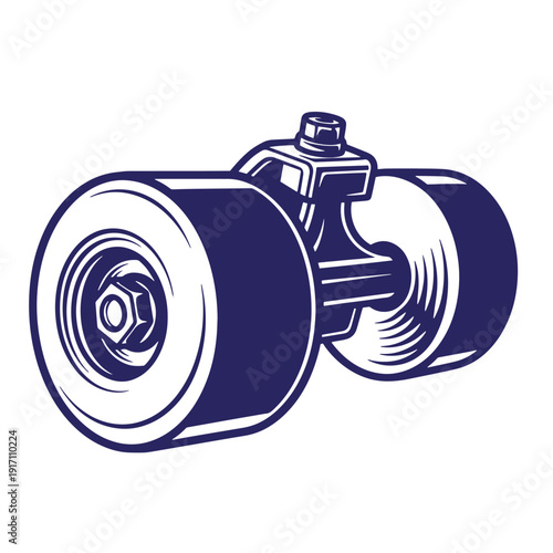 drawing of a navy blue metal pulley wheel with a nut and bolt on a white background  industrial equipment