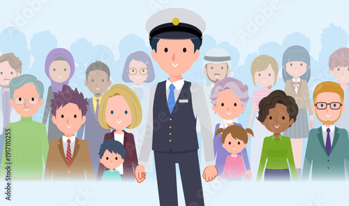 大勢の前に立つ運転手男性のセット