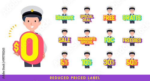 お得な表記を持つ運転手男性のセット。英語。編集が容易なベクターアートです。