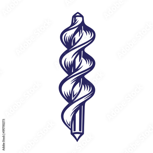 Drill bit with a spiral design on a white background for industrial or construction purposes