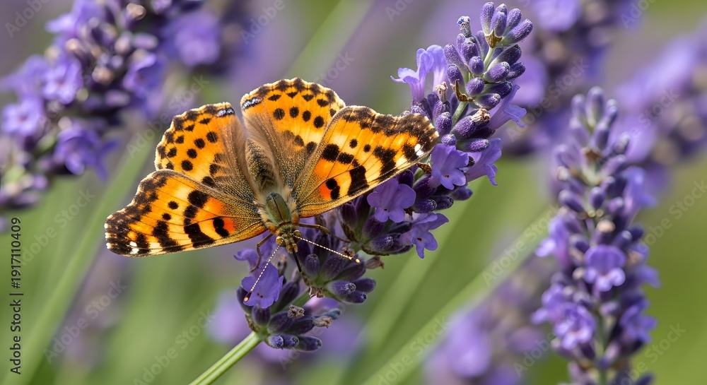 Obraz premium Butterfly Perched on Lavender Flower in a Garden Close up View