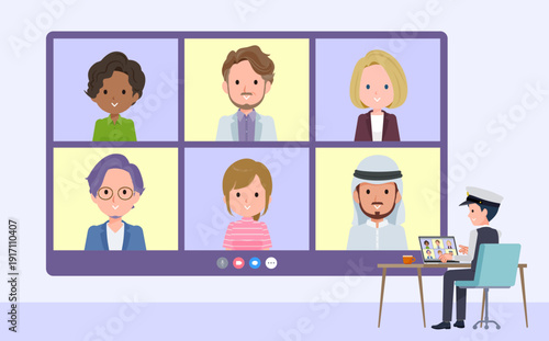 複数人でビデオチャットをしている運転手男性のセット