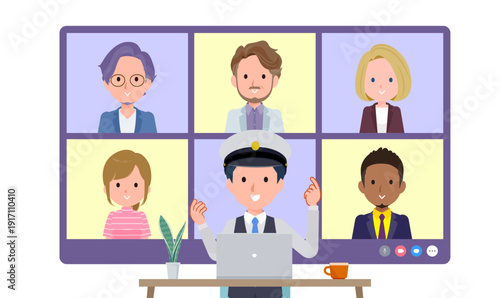 複数人でオンライン会議をしている運転手男性のセット。正面アングル