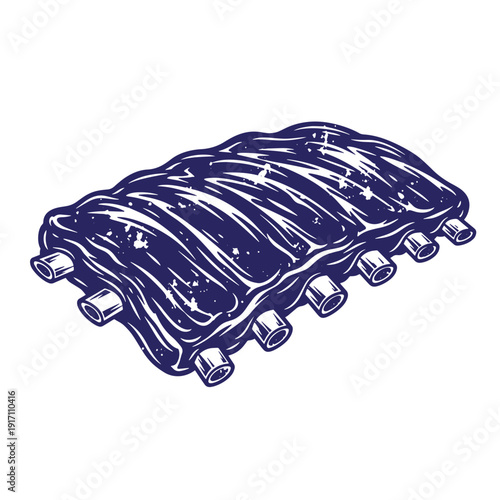 Grunge texture ribs on a grill with metal tubes underneath a barbecue food illustration Vintage Style