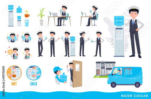 ウォーターサーバーと運転手男性のセット。編集が容易なベクターアートです。