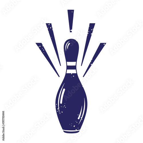 Graphic illustration of a blue bowling pin with white highlights and four motion lines radiating from it on white background  symbolizing a strike in bowling
