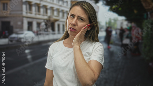 Fotografie Middleaged blonde woman in white shirt with hand on cheek for toothache on city street lined with buildings; discomfort