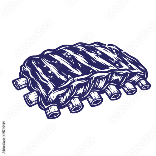 Grunge texture ribs on a plate with bones food illustration Vintage Style